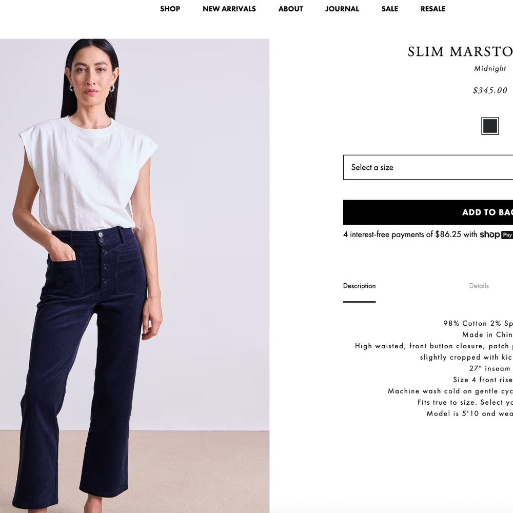 Apiece Apart Slim Marston Corduroy High-Waist Straight Cropped Pants in Navy